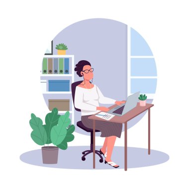 Woman office semi flat color vector character. Sitting figure. Full body person on white. Corporate room isolated modern cartoon style illustration for graphic design and animation