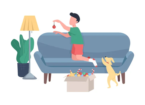 Child Decorating Living Room Xmas Semi Flat Color Vector Character — Wektor stockowy