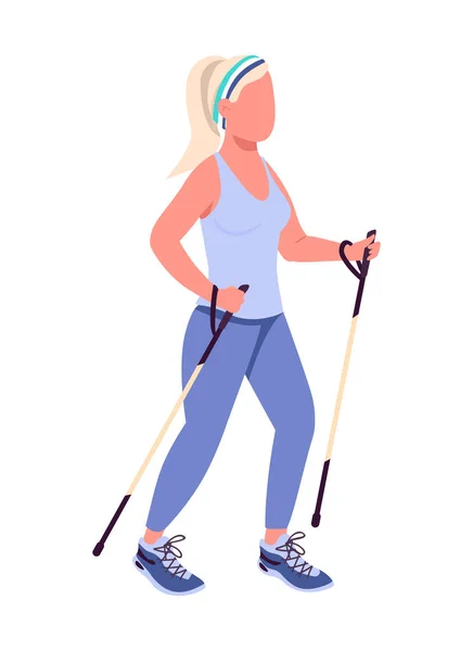 Woman Nordic Walk Semi Flat Color Vector Character Active Figure — Vector de stock