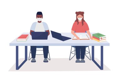 Maskeli öğrenciler yarı düz renk vektör karakterlerini inceliyor. Oturan figürler. Beyazın üstüne tüm vücudu olan insanlar. Grafik tasarım ve animasyon için izole edilmiş modern çizgi film stili çizimi öğreniliyor