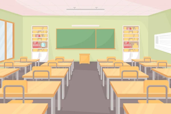 スクール教室フラットカラーベクトルイラスト 机と椅子の列で空のクラス 勉強と教育のためのスペース 中学校の部屋背景に黒板と2D漫画のインテリア — ストックベクタ