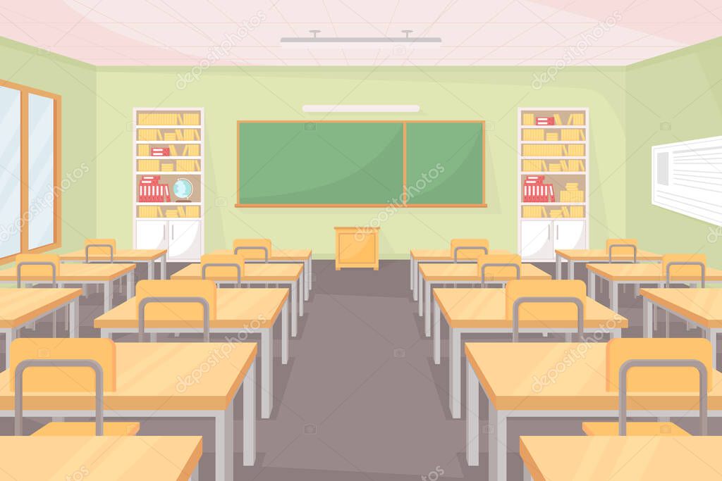 School classroom flat color vector illustration. Empty class with row of desks and chairs. Space for studying and teaching. Middle school room 2D cartoon interior with chalkboard on background