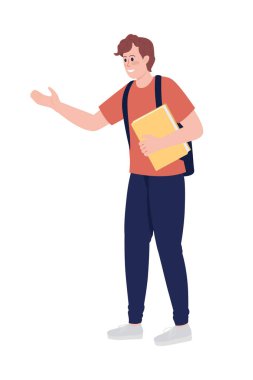 Arkadaş canlısı öğrenci yarı düz renk vektör karakteri. Poz figürü. Beyazın üzerinde tam vücut insan. Gülümseyen okul çocuğu, grafik tasarım ve animasyon için modern çizgi film stili illüstrasyonunu izole etti