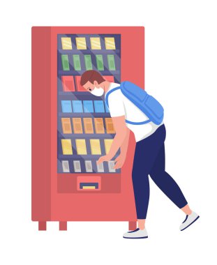 Öğrenci abur cubur alırken yarı düz renk vektör karakteri. Ergen kılığına girmiş. Beyazın üzerinde tam vücut insan. Gıda, grafik tasarım ve animasyon için izole edilmiş modern çizgi film stili çizimi