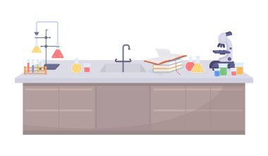 Laboratuvar masası yarı düz renk vektör öğesi. Beyaz üzerine gerçekçi bir nesne. Kimyasal deney için ekipmanlar grafik tasarım ve animasyon için modern çizgi film stili illüstrasyonunu izole etti