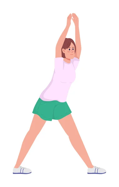 女孩做瑜伽半扁平的颜色矢量字符 伸展的身材 全身白皙的人用于平面设计和动画的运动和锻炼孤立的现代卡通风格插图 — 图库矢量图片