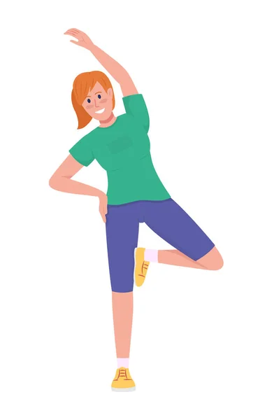 Happy Girl Stretching Semi Flat Color Vector Character Dynamic Figure — Stock Vector
