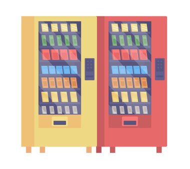 Otomatlar yarı düz renk vektör öğesi. Beyaz üzerine gerçekçi bir nesne. Marketin otomatik dağıtıcısı grafik tasarım ve animasyon için modern çizgi film stili illüstrasyonunu izole etti