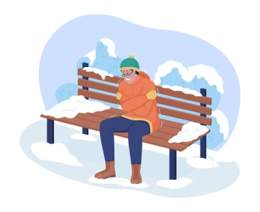 Şehir parkında hava soğuyor. 2D vektör yalıtımı. Soğuk kış havasında sallanan bir adam çizgi film arka planında düz karakterler dışında. Günlük durum ve günlük hayat renkli sahneler