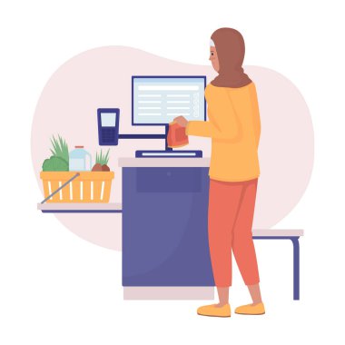 Süpermarket terminali 2D vektör izole çizimi. Kadın ürünleri karikatür arka planındaki düz karakterler dükkanında tarıyor. Günlük durum ve ortak görevler renkli sahne