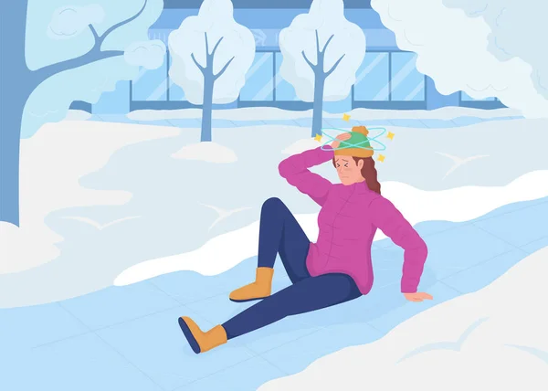 冬季险情扁平彩色矢量图解 12月的城市公园每天的情况 女子滑倒在冰封的二维卡通人物与城市景观为背景 — 图库矢量图片