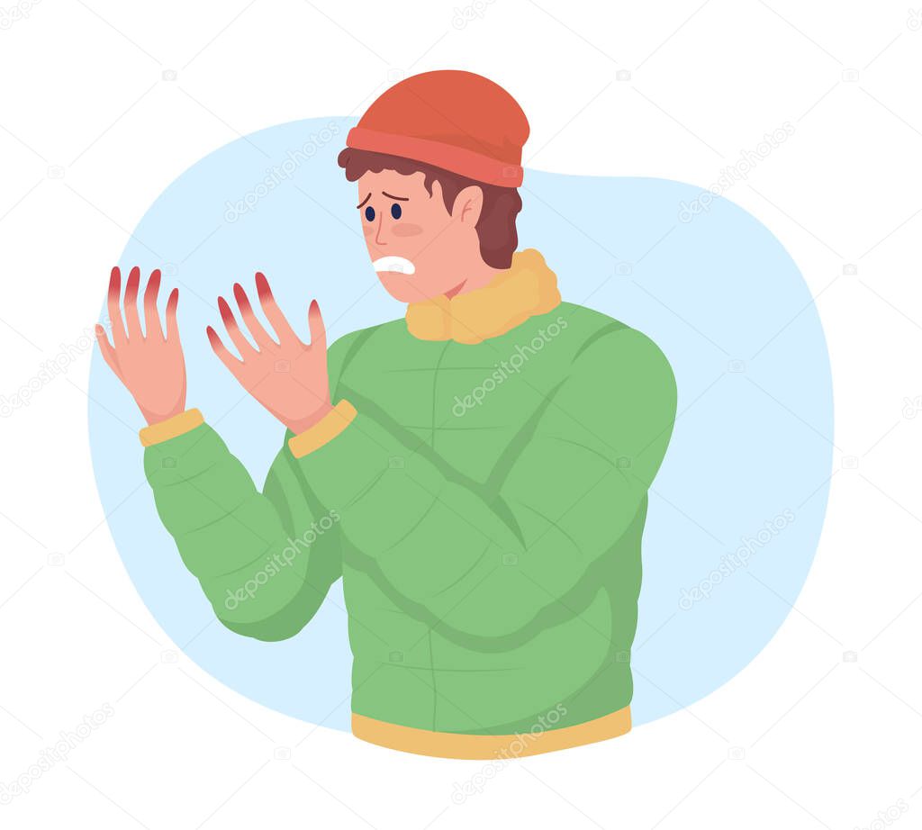 Frostbite on fingers from cold 2D vector isolated illustration. Worried man with injured hands in winter flat characters on cartoon background. Everyday situation and daily life colourful scene