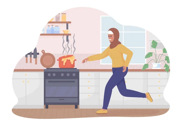 Disaster Kitchen Vector Isolated Illustration Worried Woman Running Burning Soup — Stock Vector