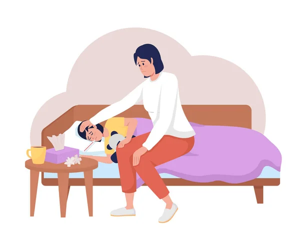 患有二维流感病毒的孩子被隔离的例子 妈妈照顾女儿与发烧平庸的字符卡通背景 每天的情况和共同任务多姿多彩 — 图库矢量图片