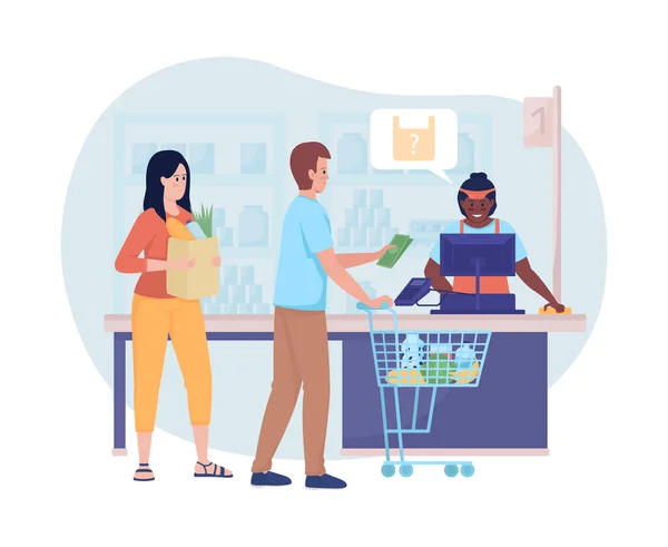 Kolejka Supermarketów Kasach Wektor Izolowane Ilustracji Ludzie Kupujący Jedzenie Sklepie — Wektor stockowy