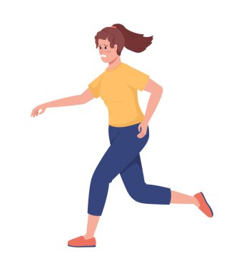 Endişeli kız yarı düz renk vektör karakteri. Koşan kişi. Beyazın üzerinde tam vücut insan. Günlük yaşam koşulları, grafik tasarım ve animasyon için modern çizgi film stili illüstrasyonunu izole etti
