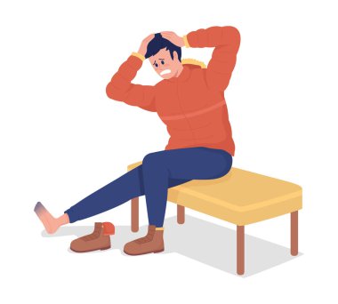 Yarı düz renk vektör karakteri olan endişeli bir adam. Oturan bir figür. Beyazın üzerinde tam vücut insan. Yaralanma, grafik tasarım ve animasyon için modern çizgi film stili çizimlerini izole etti