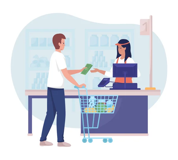 Betalen Voor Voedsel Winkel Vector Geïsoleerde Illustratie Man Koopt Boodschappen — Stockvector