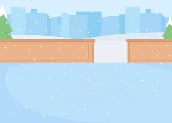 空冰场扁平的彩色矢量图解 冰冻的温度 室外场景 全景风景 12月以城市景观为背景的2D卡通景观中的城市游乐场 — 图库矢量图片