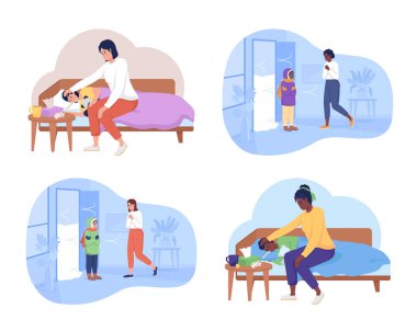 Kış hastalığı 2D vektör izole çizim seti. Çocuğa iyi bak. Çizgi film geçmişindeki endişeli anne ve hasta çocuk karakterleri. Soğuk hava ve renkli sahne koleksiyonundan donuyorum.