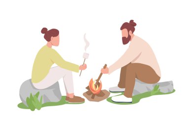 Çubuklarda kızaran çift lokum yarı düz renk vektör karakterler. Oturan figürler. Beyazın üstüne tüm vücudu olan insanlar. Web grafik tasarımı ve animasyonu için basit çizgi film stili çizimi