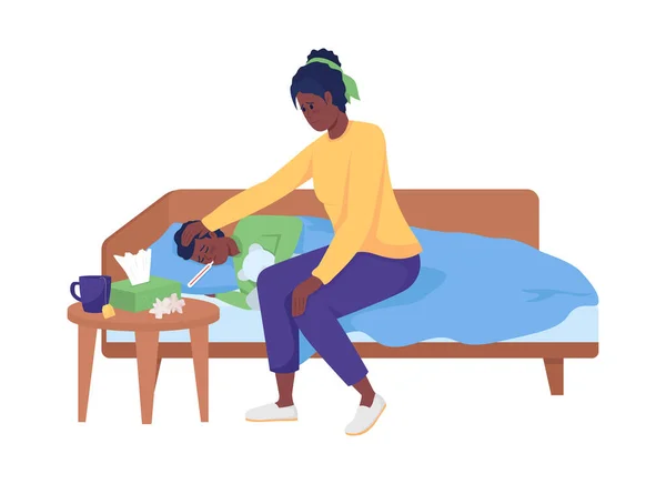 Μαμά Φροντίζει Για Άρρωστο Παιδί Ημι Επίπεδο Χρώμα Διανυσματικό Χαρακτήρα — Διανυσματικό Αρχείο