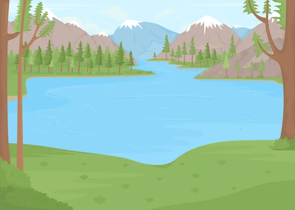 Lago Rodeado Montañas Nevadas Ilustración Vector Color Plano Vacaciones Frente — Vector de stock