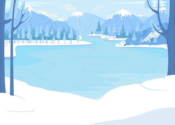 Zamarznięte Jezioro Jazdy Otoczeniu Gór Płaski Kolor Wektor Ilustracji Zimowy — Wektor stockowy