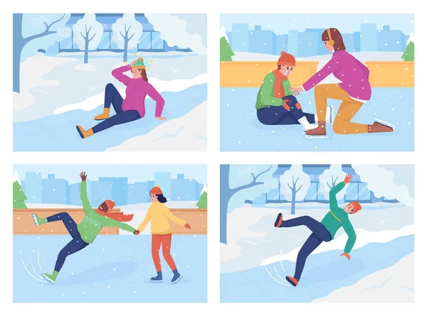 氷のフラットカラーベクトルイラストセットにスリッピング 女が頭を打った 子供は膝をぶつけた アイススケートの男 冬の都市景観を背景にした2D漫画キャラクターの落下コレクション — ストックベクタ