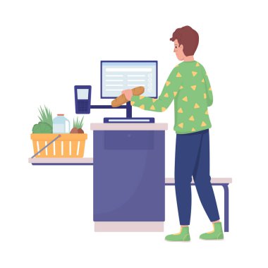 Yarı düz renk vektör karakterli kasiyer. Ayakta duran figür. Beyazın üzerinde tam vücut insan. Süpermarket grafik tasarım ve animasyon için modern çizgi film stili çizimini izole etti