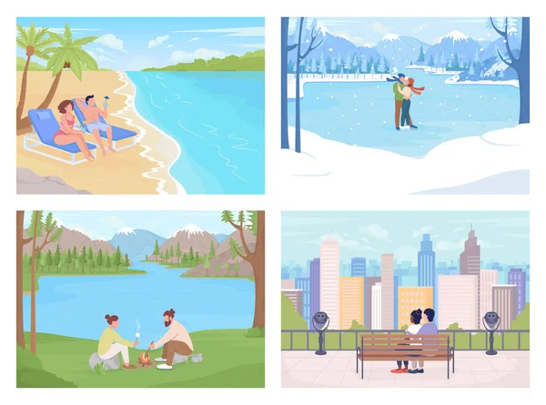 季节性度假点平面彩色矢量图集 自然撤退夫妻花时间在二维简单的卡通人物集合上 背景是迷人的风景和城市景观 — 图库矢量图片