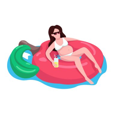Kirazlı şişme yatakta hamile bir kadın yarı düz renk vektör karakteri. Yalancı figür. Beyazın üzerinde tam vücut insan. Web grafik tasarımı ve animasyonu için havuz etkinliği basit çizgi film stili çizimi