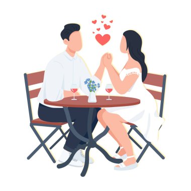 Açık havada yemek yiyen sevimli çift yarı düz renk vektör karakterler. Oturan figürler. Beyazın üstüne tüm vücudu olan insanlar. Web grafik tasarımı ve animasyonu için basit bir çizgi film çizimi