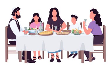 Aile akşamı yarı düz renk vektör karakterleri. Oturan figürler. Beyazın üzerinde tam vücut insan. Web grafik tasarımı ve animasyonu için basit karikatür stili çizimi yemek ve içmek