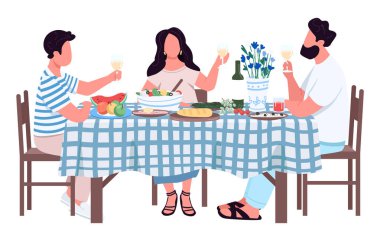 Aile yemek masasında yarı düz renk vektör karakterler. Oturan figürler. Beyazın üzerinde tam vücut insan. Web grafik tasarımı ve animasyonu için basit karikatür stili çizimi yemek ve içmek