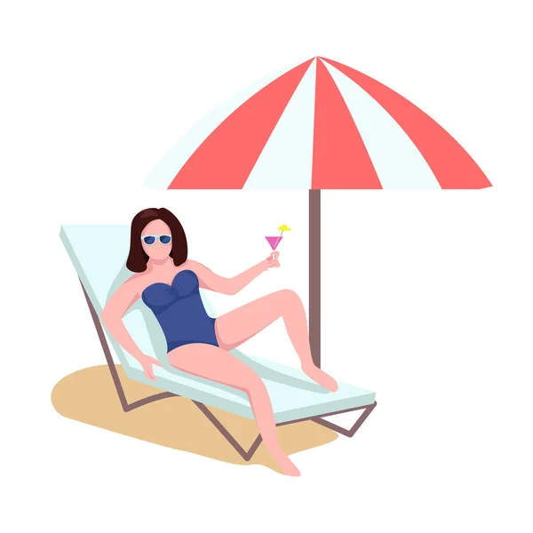Mujer Playa Longue Con Sombrilla Semi Plana Vector Color Carácter — Archivo Imágenes Vectoriales