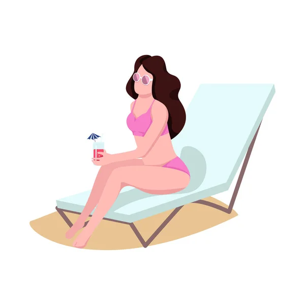 Mujer Playa Longue Semi Plana Color Vector Carácter Una Figura — Archivo Imágenes Vectoriales