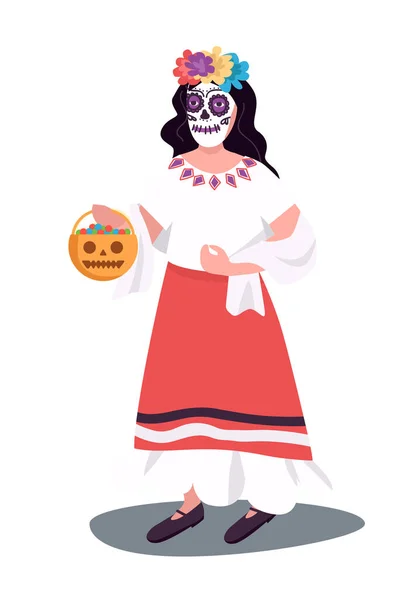 メキシコのハロウィンの衣装半フラットカラーベクトル文字 立ち姿だ 全身を白で Webグラフィックデザインやアニメーションのための死んだ休日シンプルな漫画スタイルのイラストの日 — ストックベクタ