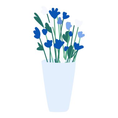 Vazodaki bir demet çiçek yarı düz renk vektör objesi. Tam boy beyaz. Ev dekorasyonu. Süslü çiçekler web grafik tasarımı ve animasyonu için basit çizgi film stili çizimi