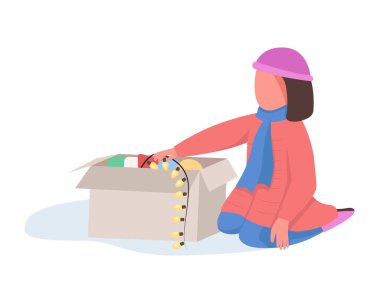 Kız noel süslemelerini yarı düz renk vektör karakteriyle açıyor. Oturan bir figür. Beyazın üzerinde tam vücut insan. Web grafik tasarımı ve animasyonu için basit karikatür biçimi çizimi