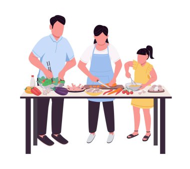 Aile yemeği hazırlarken yarı düz renkli vektör karakterler. figürler. Beyazın üzerinde tam vücut insan. Web grafik tasarımı ve animasyonu için basit çizgi film stili çizimi pişiriliyor