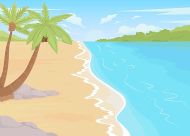 Tropik tatil düz renk vektör çizimi. Deniz kenarı inzivası. Yaz mevsimi. Açık hava eğlence alanı. Plaj tesisi 2D basit karikatür manzarası. Arka planda palmiye ağaçları var.