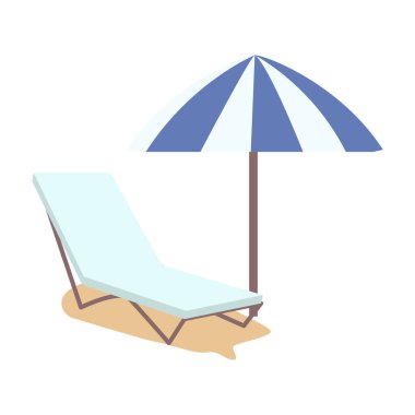 Plaj ekipmanları yarı düz renk vektör nesne. Tam boy beyaz. Deniz kıyısındaki tatil. Sunshade ve chaise web grafik tasarımı ve animasyonu için basit çizgi film stili çizimi