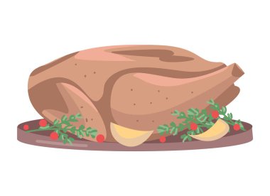 Geleneksel Şükran Günü yemeği yarı düz renk vektör nesnesi. Tam boy beyaz. Yemek hazır. Lezzetli yiyecekler web grafik tasarımı ve animasyonu için basit çizgi film stili çizimi