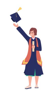 Üniversite mezunu, yarı düz renk vektör karakter sergiliyor. Ayakta duran figür. Beyazın üzerinde tam vücut insan. Web grafik tasarımı ve animasyonu için basit karikatür stili illüstrasyonuName