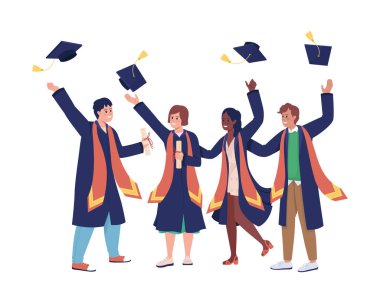 Mutlu mezuniyet töreni yarı düz renk vektör karakterler. Ayakta duran figürler. Beyazın üstüne tüm vücudu olan insanlar. Web grafik tasarımı ve animasyonu için basit karikatür stili illüstrasyonuName