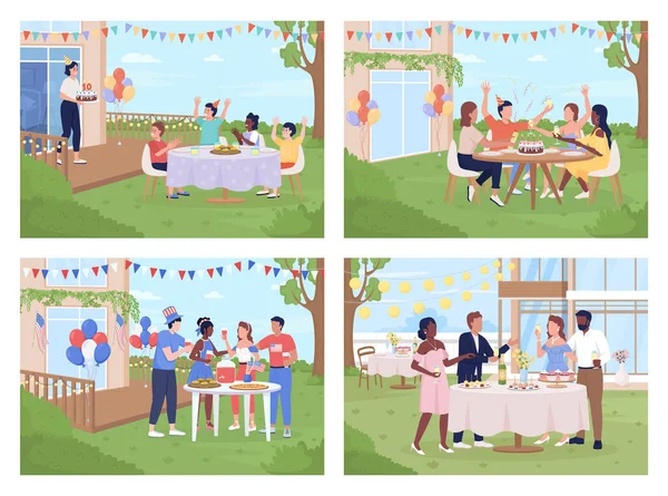 户外派对平面彩色图像集 生日聚会 独立日 婚礼当天 二维简单的卡通人物包装在外面的聚会上 背景装饰着后院 — 图库矢量图片