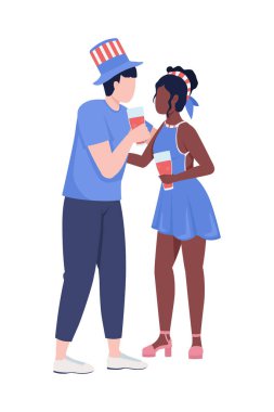 Ulusal renkler giymiş çift yarı düz renk vektör karakterler. Ayakta duran figürler. Beyazın üstüne tüm vücudu olan insanlar. Web grafik tasarımı ve animasyonu için basit çizgi film stili çizimi