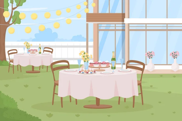 屋外の正式な機会フラットカラーベクトルイラスト 結婚式のお祝い 誕生日パーティーだ 夏の裏庭パーティー 背景に装飾が施された2Dシンプルな漫画の風景 — ストックベクタ