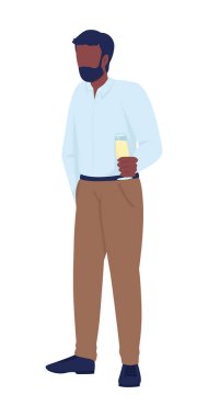 Yarı düz renk vektör karakterli bir partide mütevazı bir adam. Ayakta duran figür. Beyazın üzerinde tam vücut insan. Web grafik tasarımı ve animasyonu için basit karikatür stili illüstrasyonuName